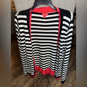 ELLE Black and White Striped w Red ruffle  Button Up Cardigan Sweater Women’s L